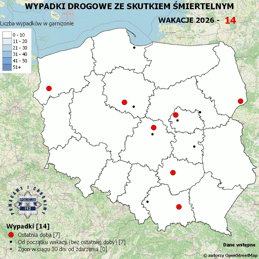 Mapa prezentująca liczbę wypadków poprzedniej doby w Polsce. Prezentowane dane są dostępne w tekście poniżej.